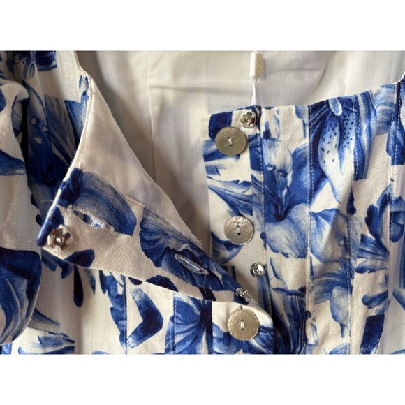 Caroline Constas womens Linen Short Mini Dress size 6 White & Blue Floral Button - Picture 8 of 9